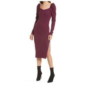 Chelsea28 Knit Sweetheart Puff Long Sleeve Dress Ribbed Midi Large Womens NWT